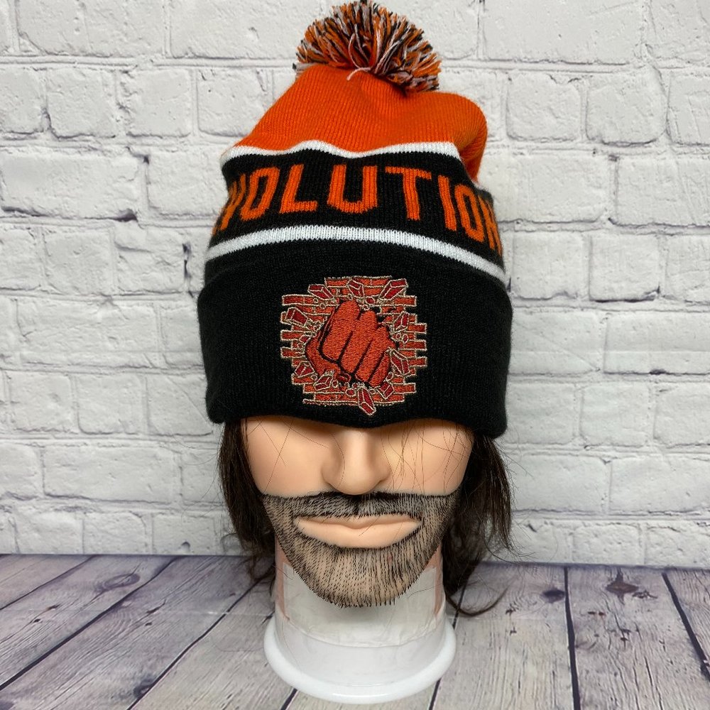 Revolution Beanie Hat Cap Black Orange Winter Toque Knit POM Top Embroidered